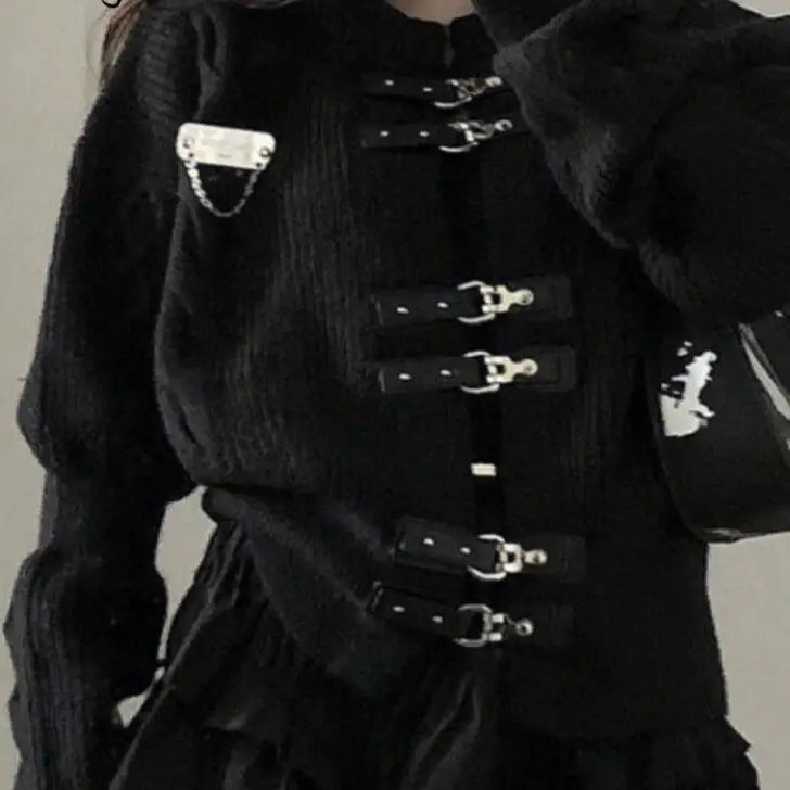 Black Brooch Knitted Sweater for Gothic Style / S