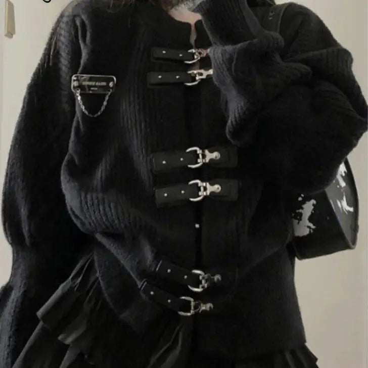 Black Brooch Knitted Sweater for Gothic Style