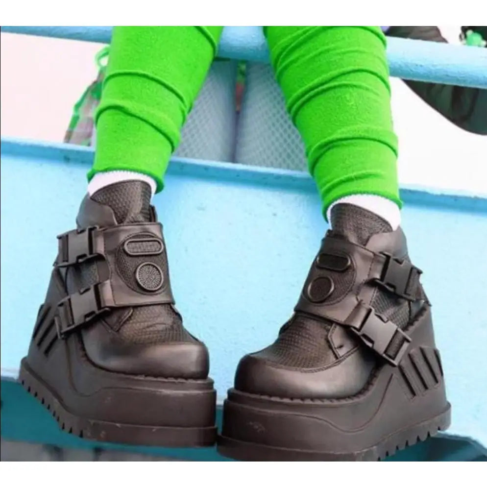 Black Buckle Wedges Ankle Boots Euro Size