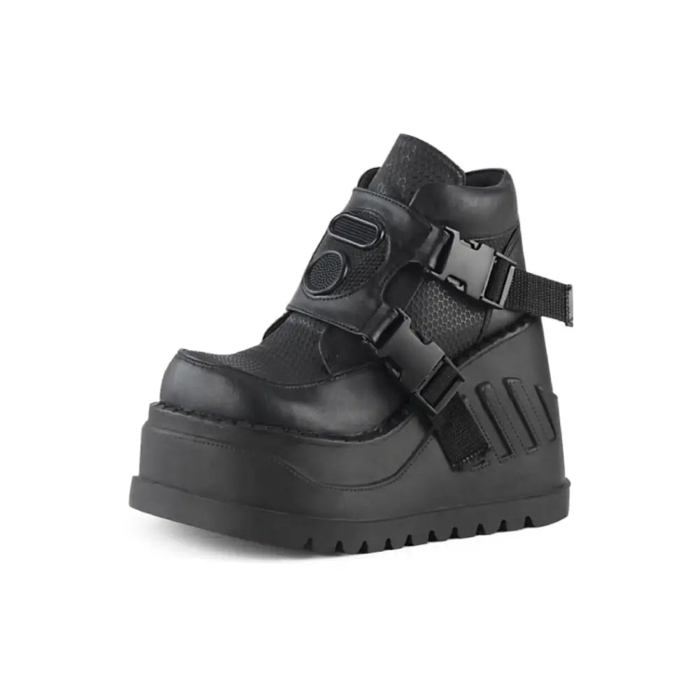 Black Buckle Wedges Motorcycle Ankle Boots - 5 - boots