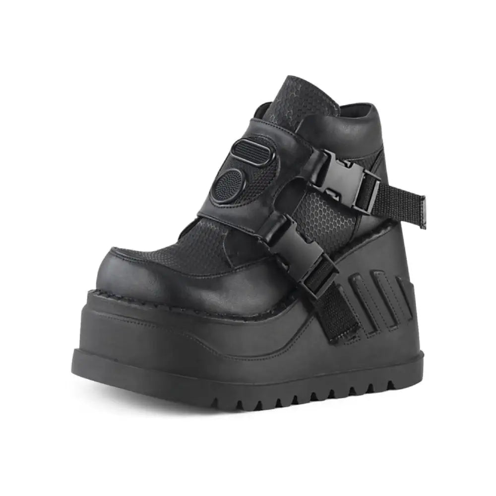 Black Buckle Wedges Motorcycle Ankle Boots