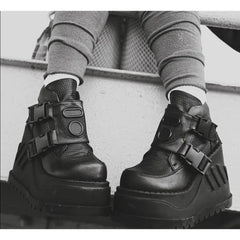 Black Buckle Wedges Motorcycle Ankle Boots