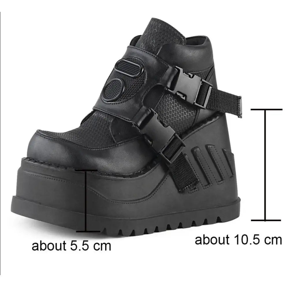 Black Buckle Wedges Motorcycle Ankle Boots