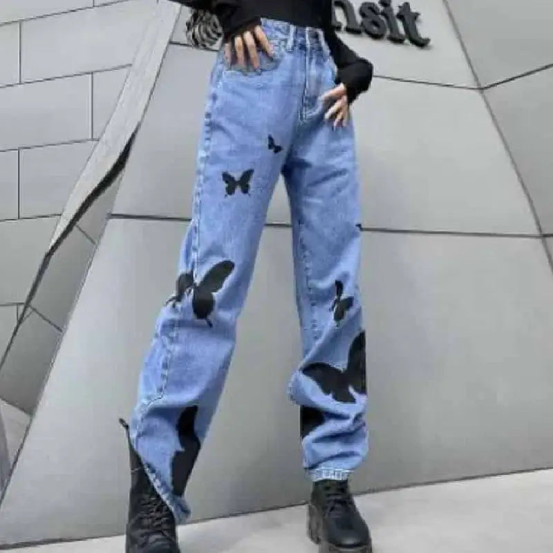 Black Butterflies High-Waisted Straight Jeans