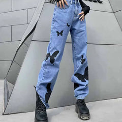 Black Butterflies High-Waisted Straight Jeans