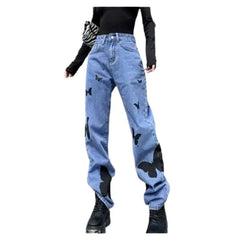 Black Butterflies High-Waisted Straight Jeans
