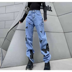 Black Butterflies High-Waisted Straight Jeans