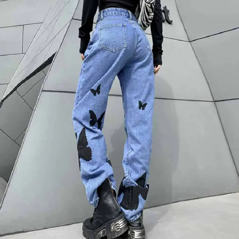 Black Butterflies High-Waisted Straight Jeans