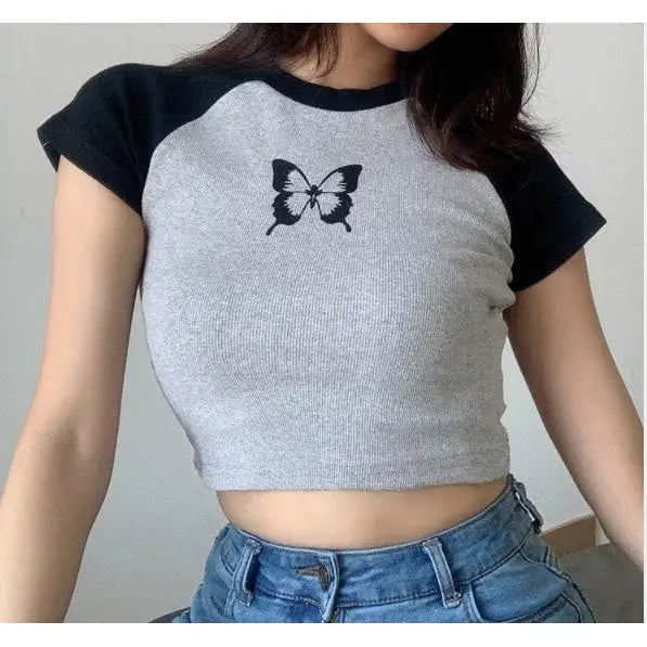 Black Butterfly Round Neck Crop Top Gray / S