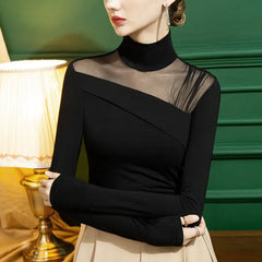 Black Collar Mesh Turtle Neck Long Sleeve Top