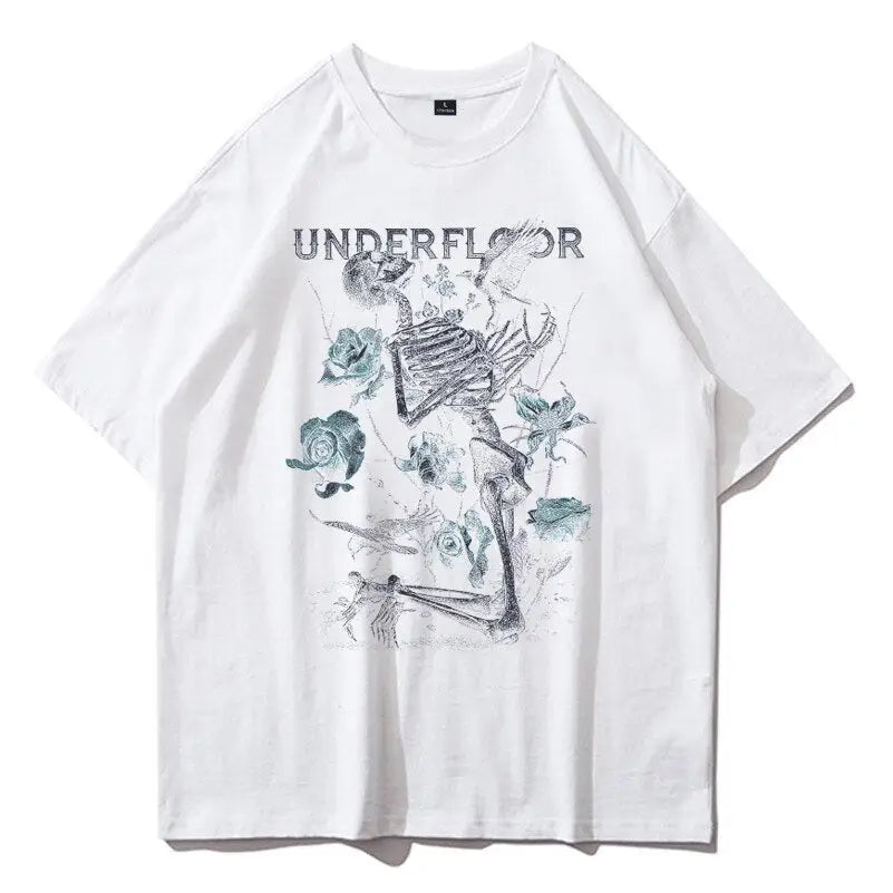 Black Cotton Floor Skull T-Shirt White / Asian size M