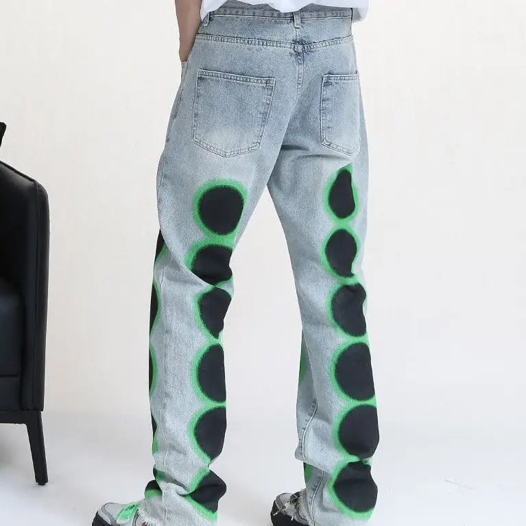 Black Denim Neon Dots Baggy Jeans