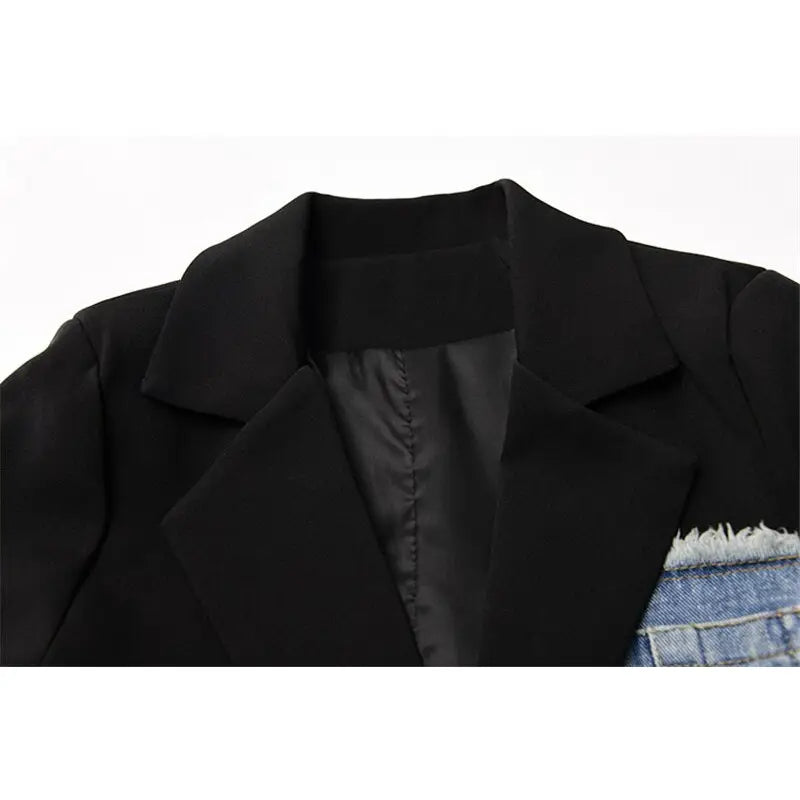 Black Denim Patchwork Long Sleeve Blazer