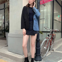 Black Denim Patchwork Long Sleeve Blazer