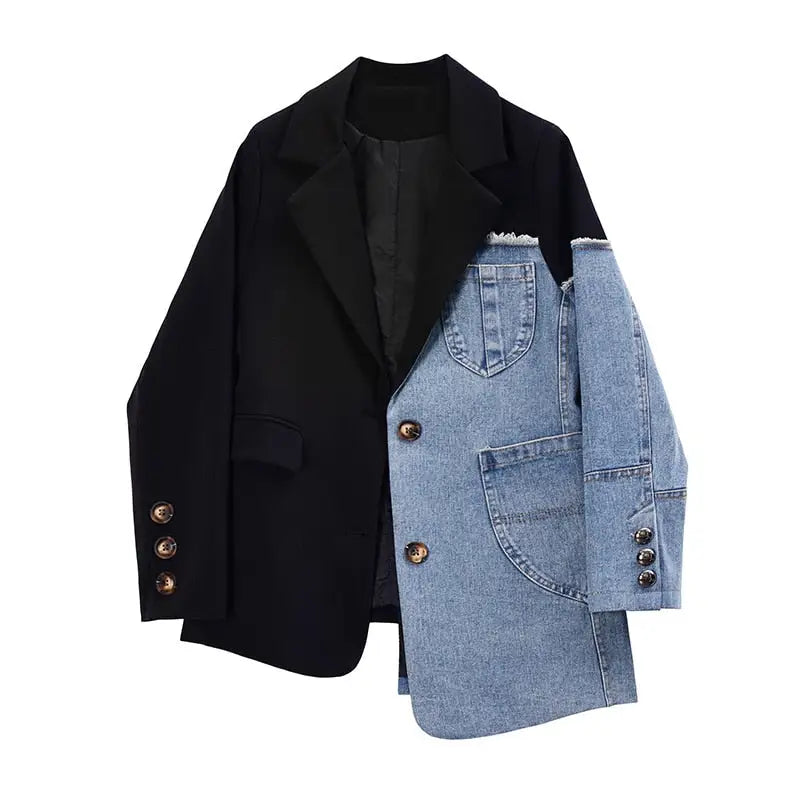 Black Denim Patchwork Long Sleeve Blazer