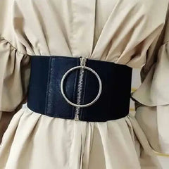 Black Elastic Leather Belt with Metal Ring