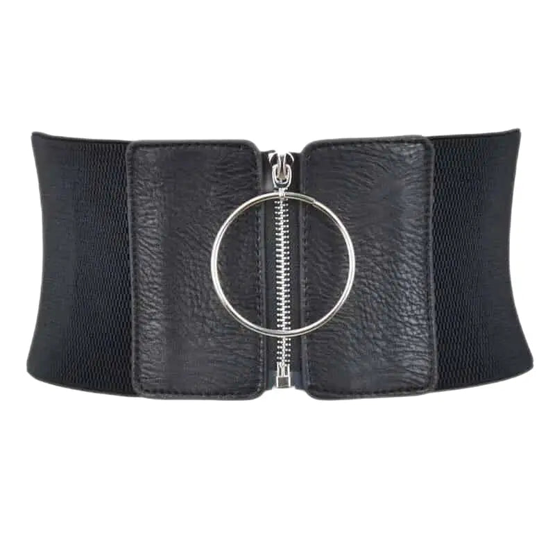 Black Elastic Leather Big Metal Ring Wide Belt