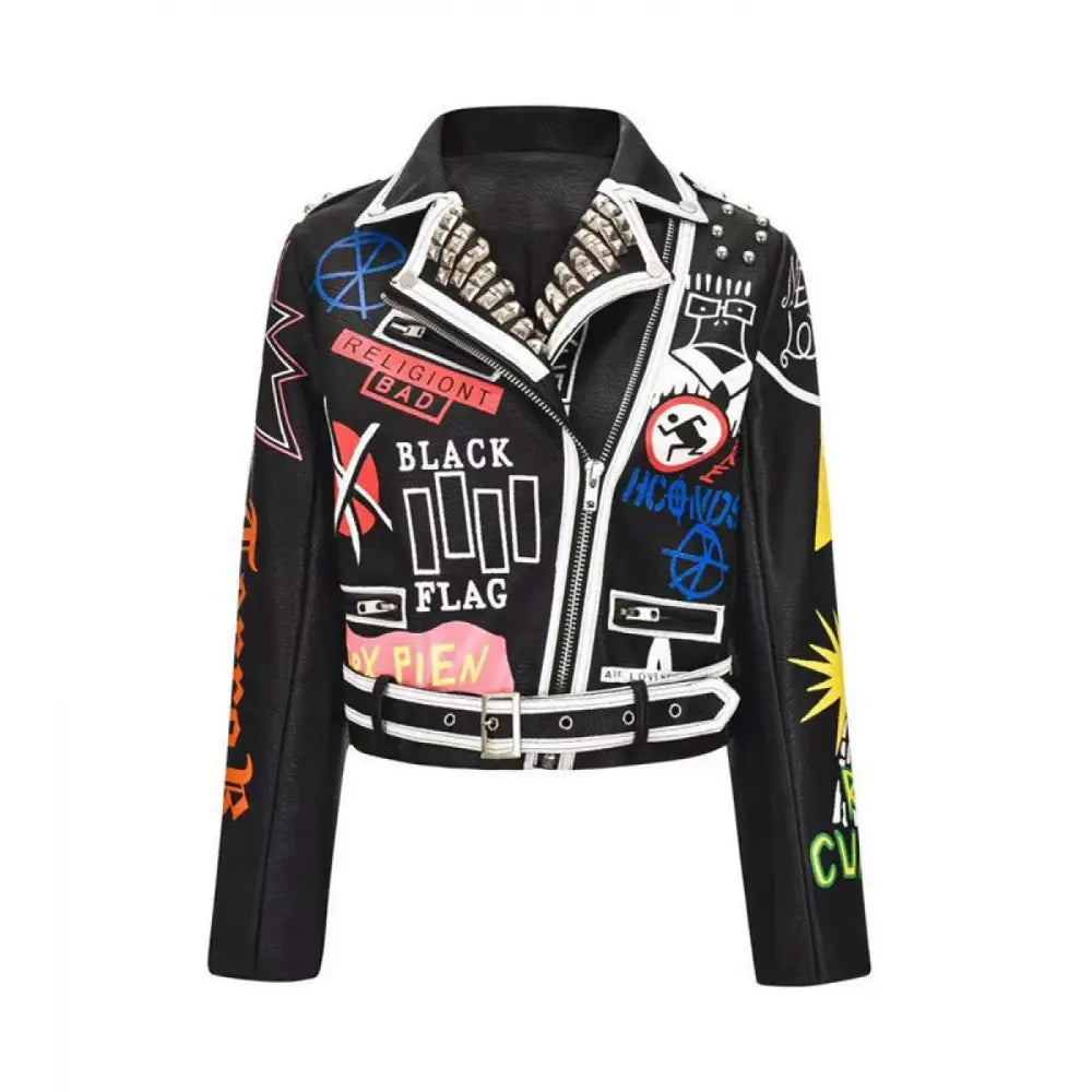 Black Flag Graffiti Motorcycle Leather Jacket