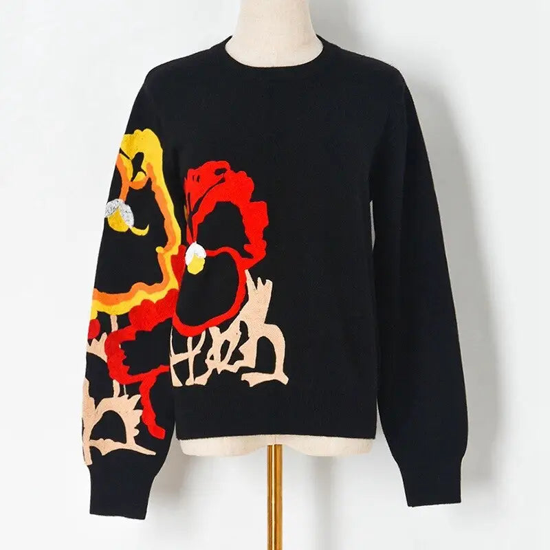 Black Floral Embroidery Sweater for Women