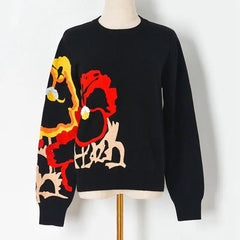 Black Floral Embroidery Sweater for Women