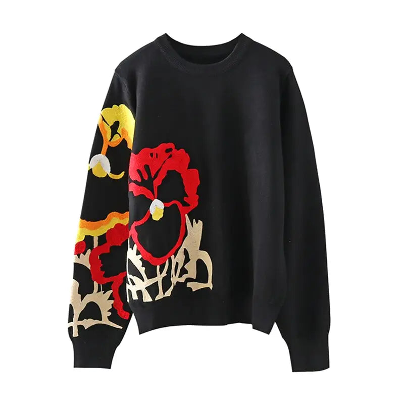 Black Floral Embroidery Sweater for Women / S