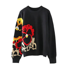 Black Floral Embroidery Sweater for Women / S