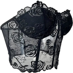 Black Floral Lace Mesh Rose Corset