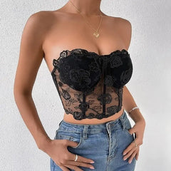 Black Floral Lace Mesh Rose Corset