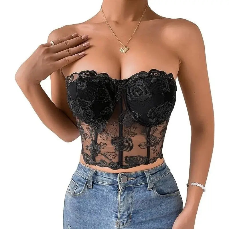 Black Floral Lace Mesh Rose Corset