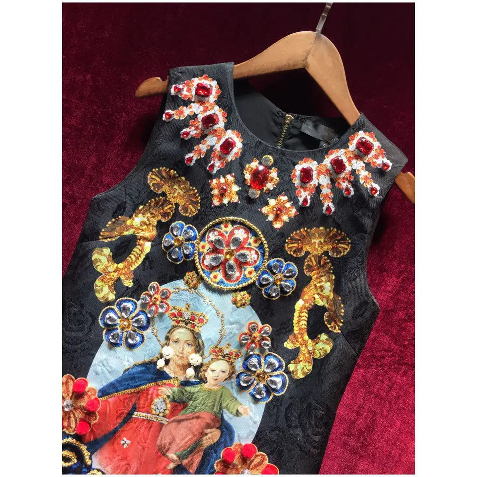 Black Floral Sleeveless Dress with Our Lady Design