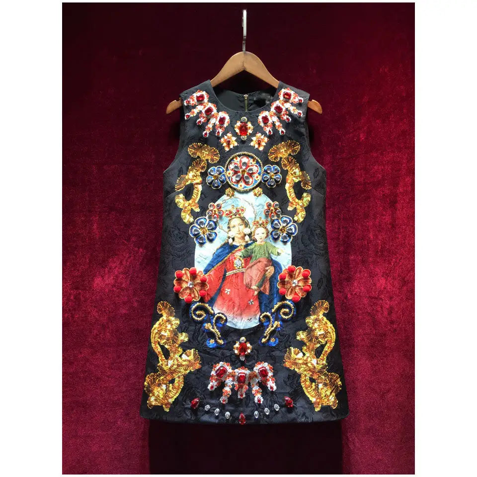 Black Floral Sleeveless Dress with Our Lady Design