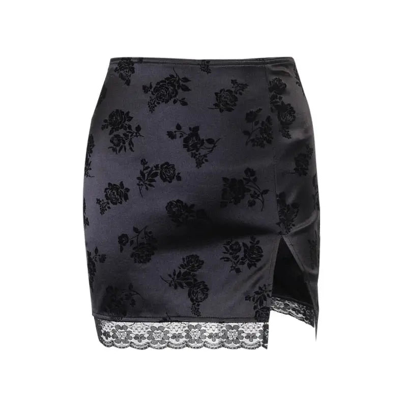 Black Flower Lettuce Trim Skirt - S