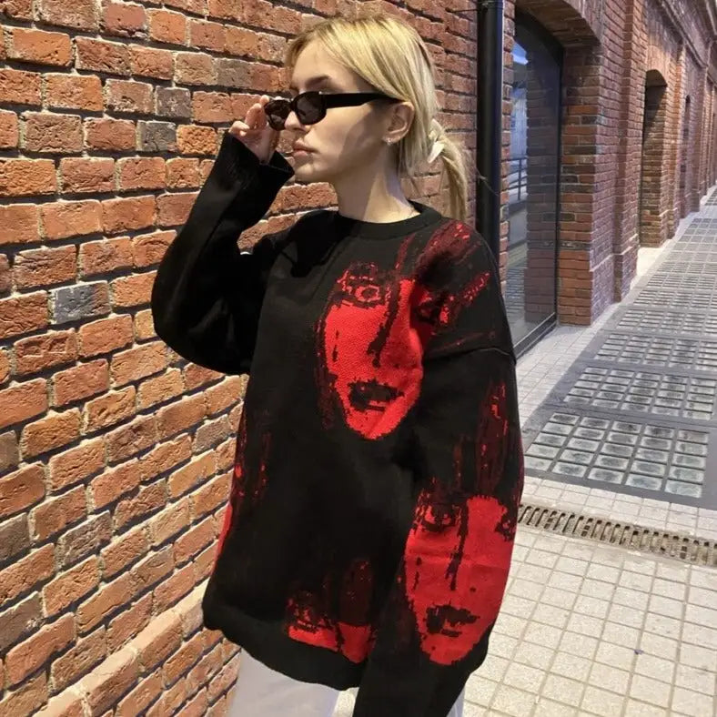 Black Goth Knitted Sweater Acrylic O Neck Long Sleeve