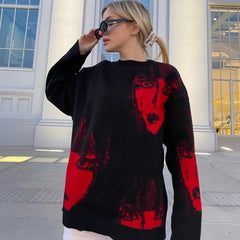 Black Goth Knitted Sweater Acrylic O Neck Long Sleeve