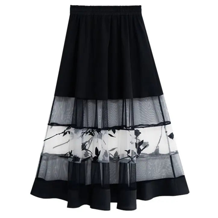 Black Gothic Double Layered Floral Pattern Long Skirt