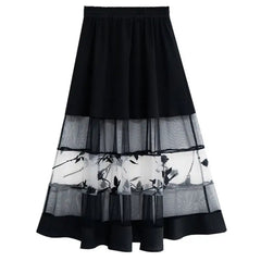 Black Gothic Double Layered Floral Pattern Long Skirt