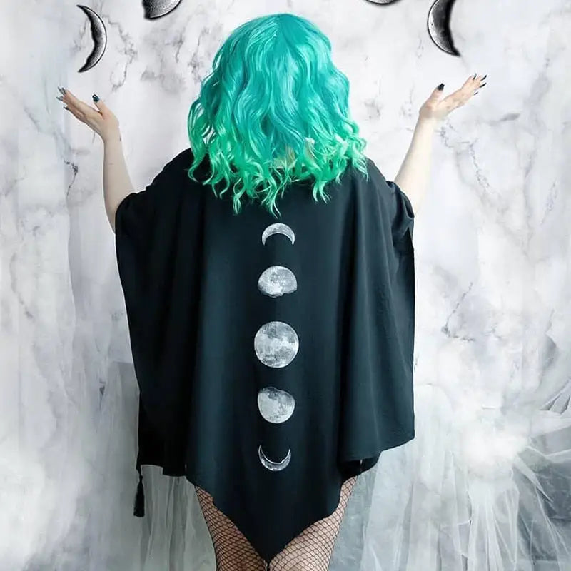 Black Gothic Oversized Cape Moon Phase Design One Size