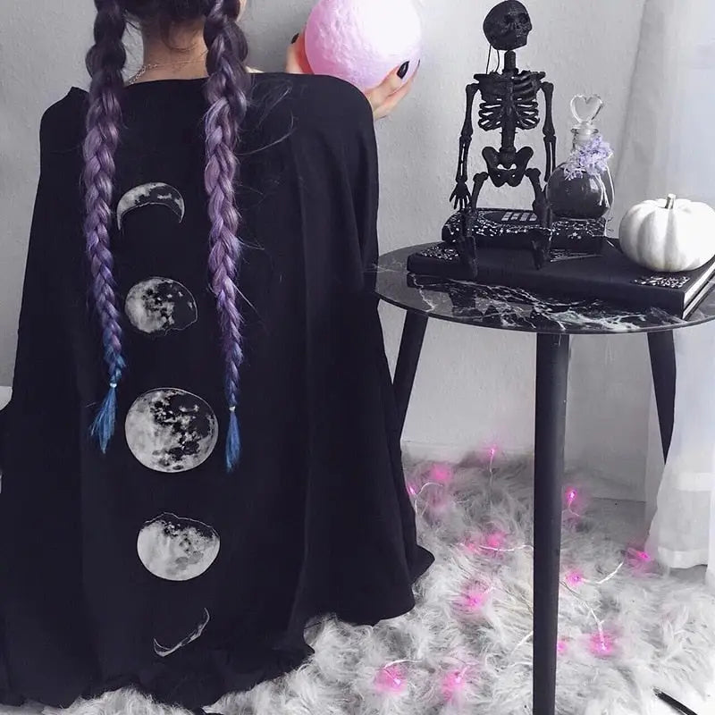 Black Gothic Oversized Cape Moon Phase Design One Size
