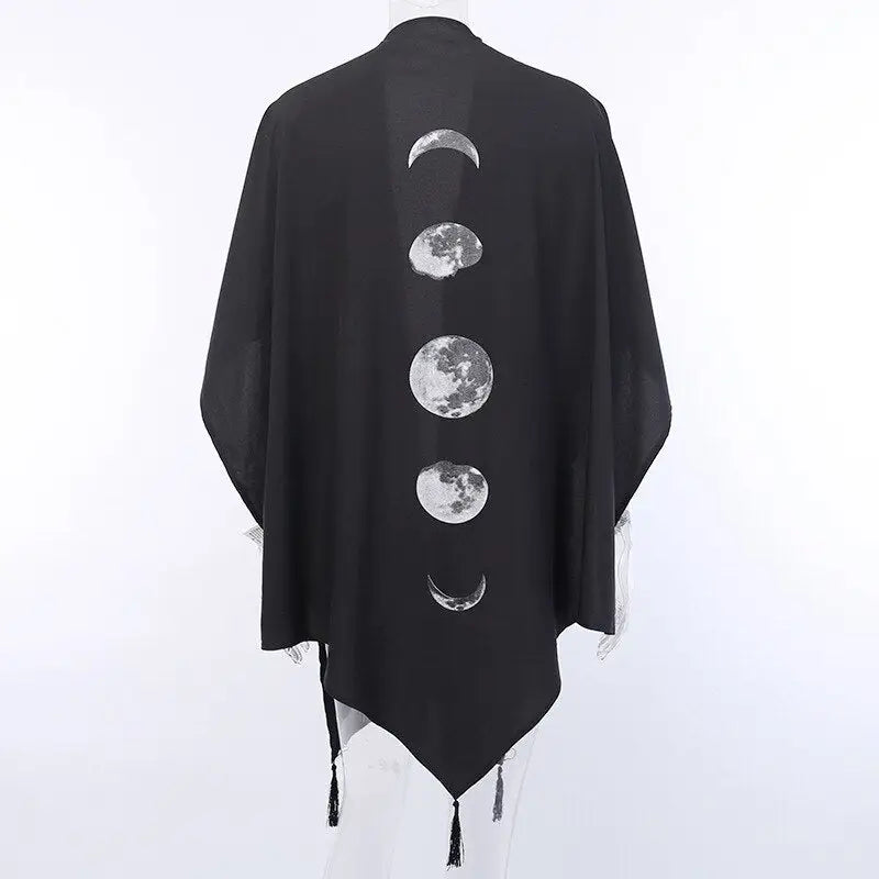 Black Gothic Oversized Cape Moon Phase Design One Size