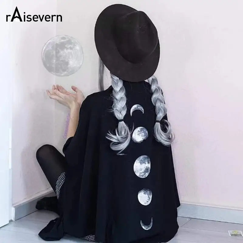 Black Gothic Oversized Cape Moon Phase Design One Size
