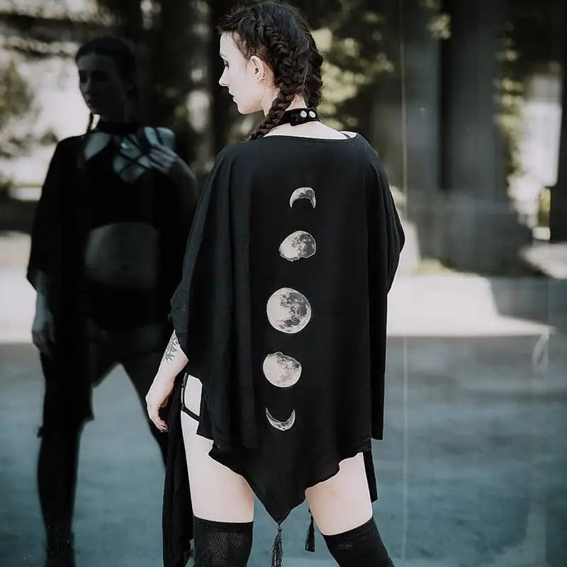 Black Gothic Oversized Cape Moon Phase Design One Size