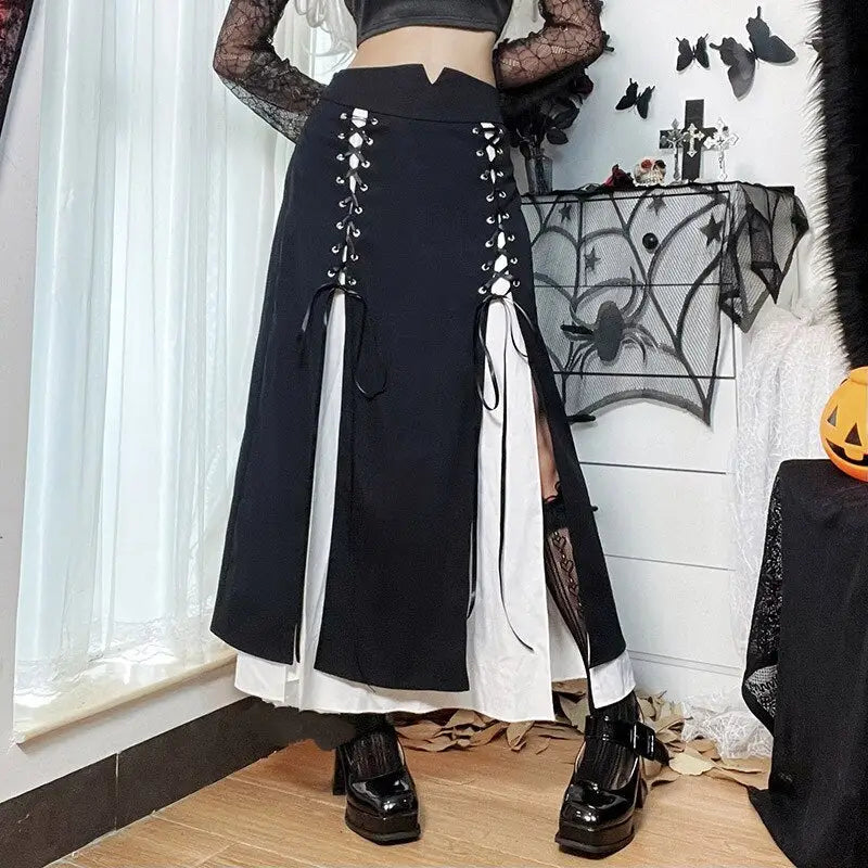 Black Gothic Punk Slit Skirt Cotton Polyester Black-Laces
