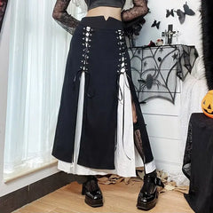 Black Gothic Punk Slit Skirt Cotton Polyester Black-Laces