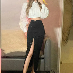 Black Gothic Punk Slit Skirt Cotton Polyester