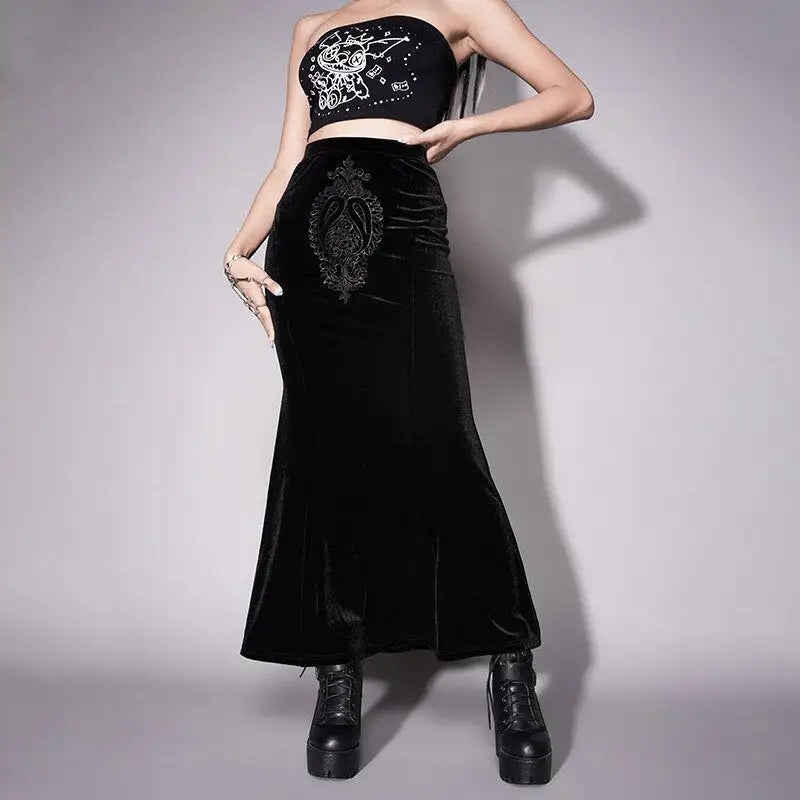 Black Gothic Punk Slit Skirt Cotton Polyester Black-Long / S
