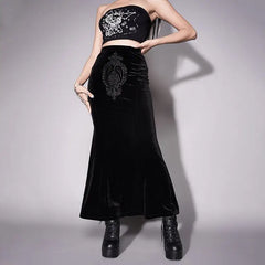 Black Gothic Punk Slit Skirt Cotton Polyester Black-Long / S