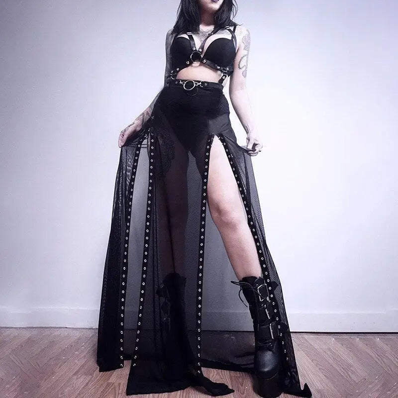 Black Gothic Punk Slit Skirt Cotton Polyester Black-Mesh / S