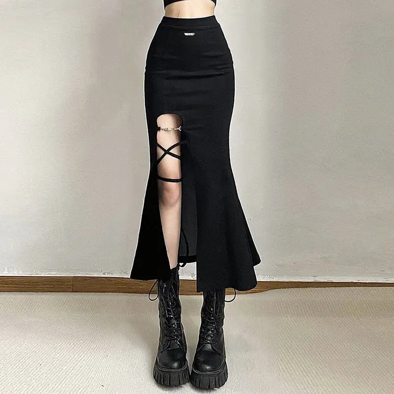 Black Gothic Punk Slit Skirt Cotton Polyester Black-Open / S