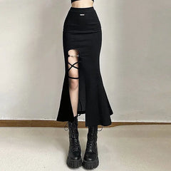 Black Gothic Punk Slit Skirt Cotton Polyester Black-Open / S