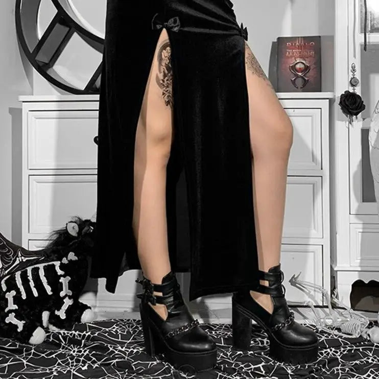 Black Gothic Punk Slit Skirt Cotton Polyester